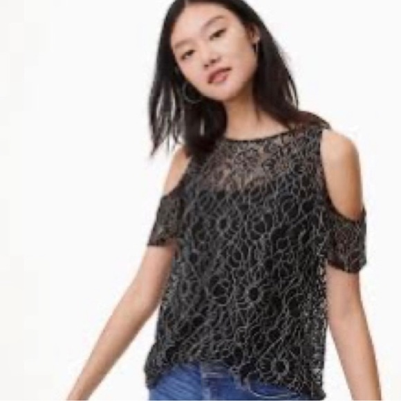 Loft Black & White Lace Cold Shoulder Top - Picture 2 of 6